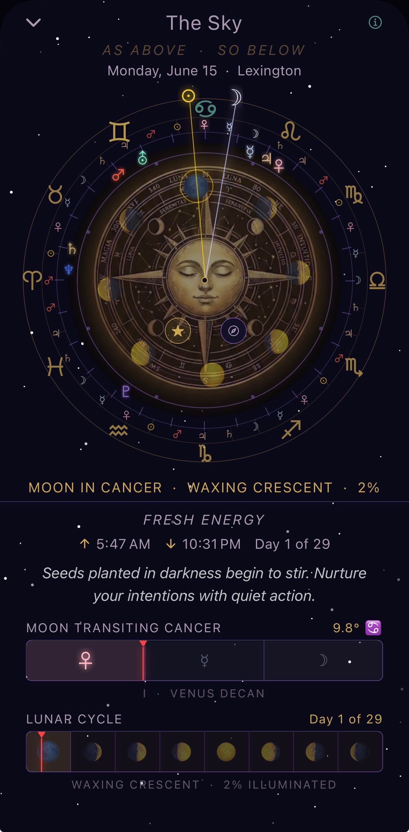 The Sky screen showing live planetary positions